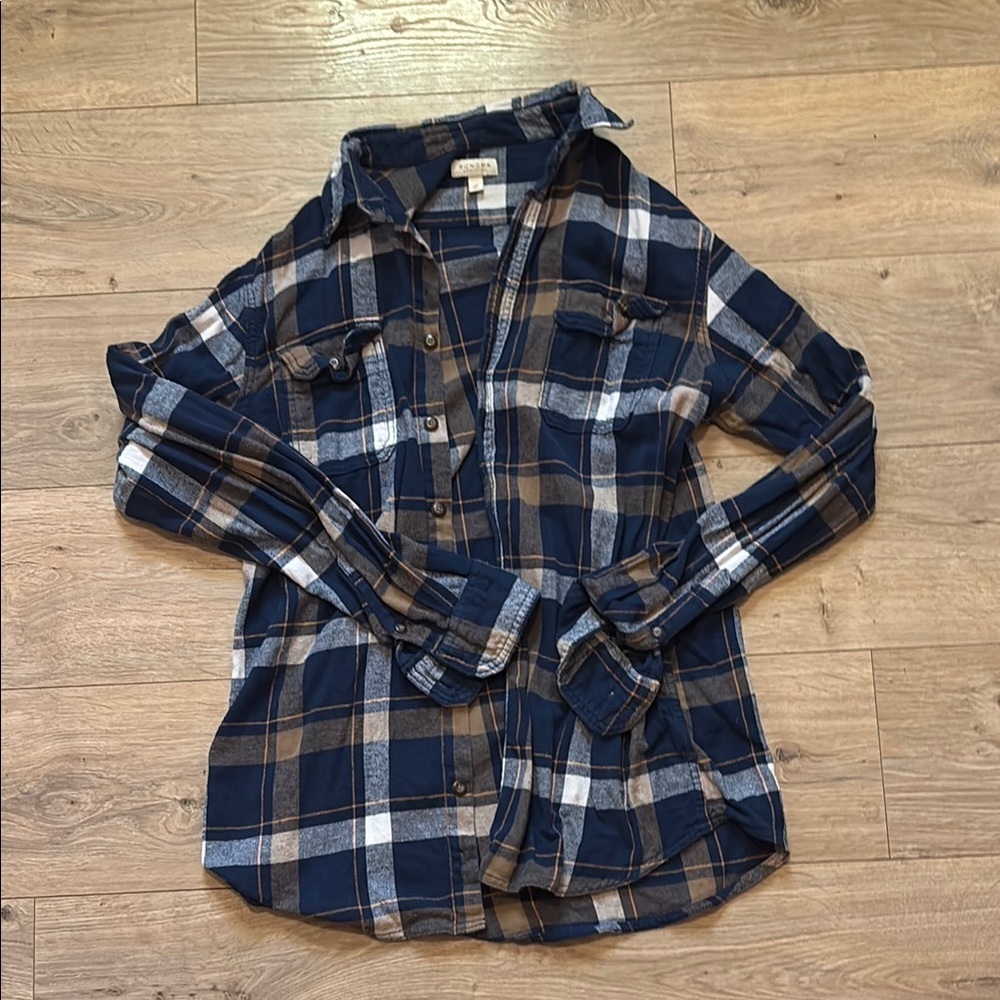 Sonoma Blue and White with Gold Plaid Button-Up Shirt